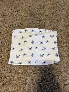 Hollister White Strapless reversible Cropped Tube Top with Blue Butterfly Print